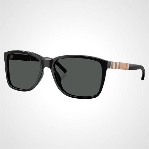 New Burberry Sunglasses Black Solid Square Frame Brown Check Arms 58mm